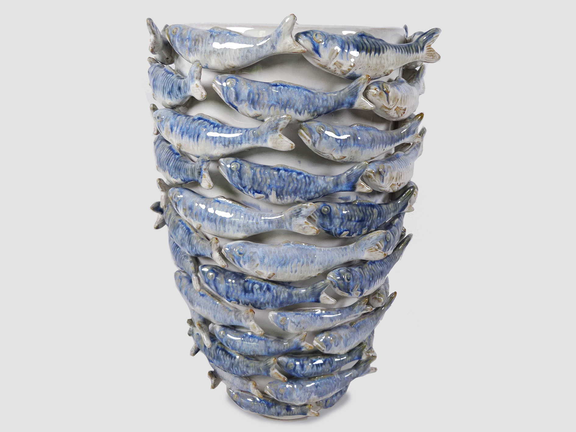 Keramik Fisch-Topf/Vase 86 mit Fisch-Ornament, Ø28 x H42,5cm, blau