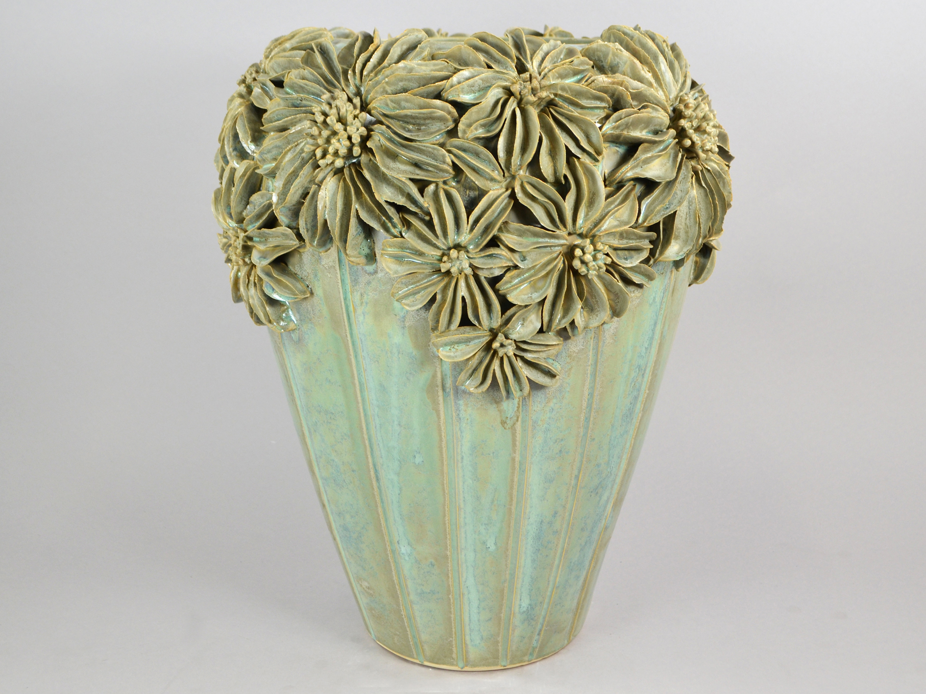 Ceramic vase with floral ornament, Ø33.5 x H41.5 cm, light blue glazed