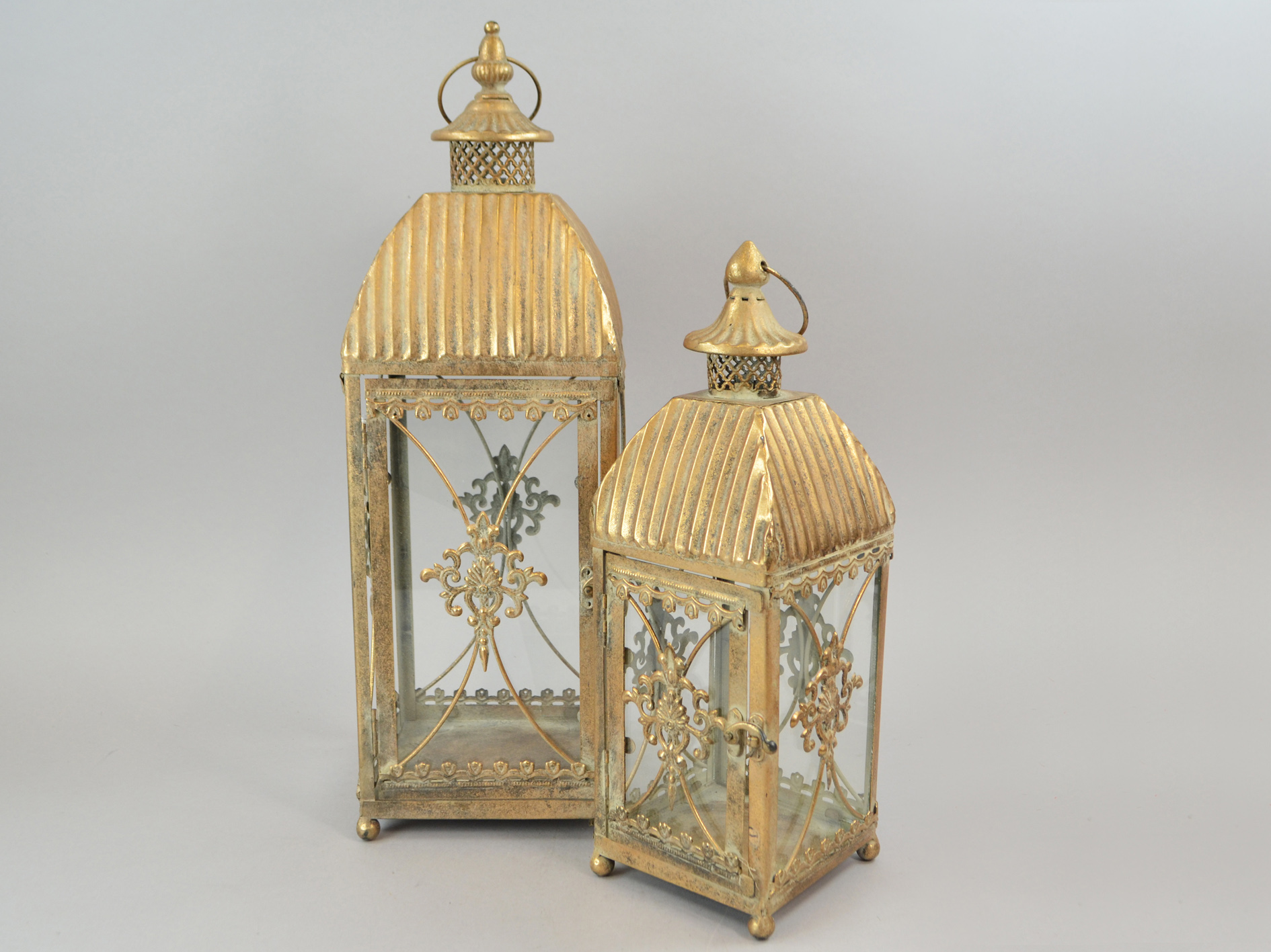 Gold Laterne 38, Set-2, groß Ø16x16x50 cm, antik-hellgold