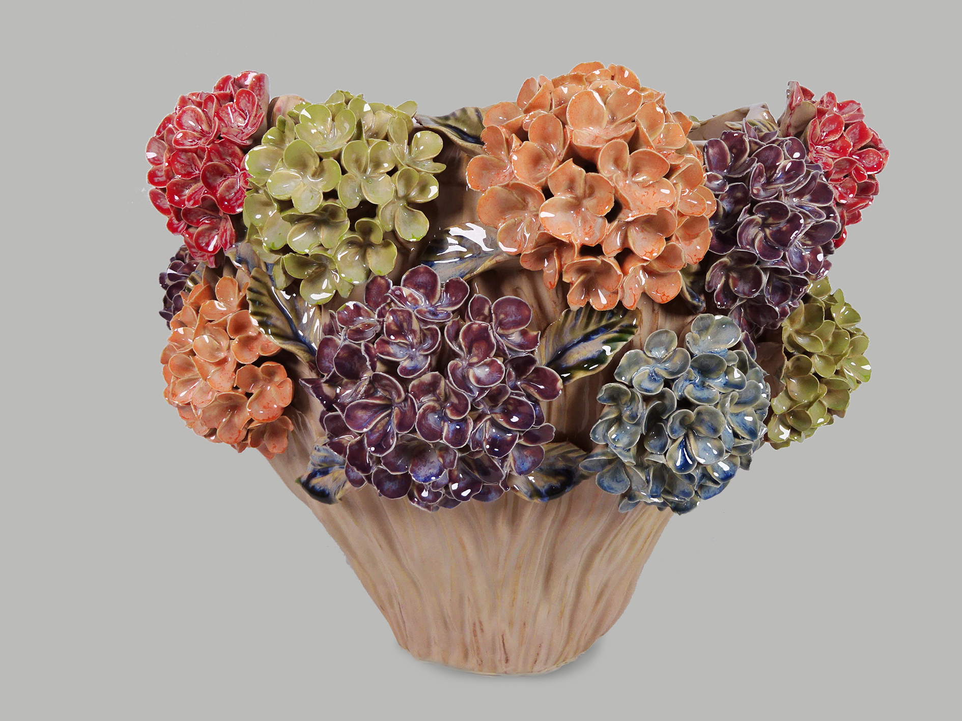 Keramik Vase 54 mit Hortensie-Ornament, Ø39 x H32 cm, bunt