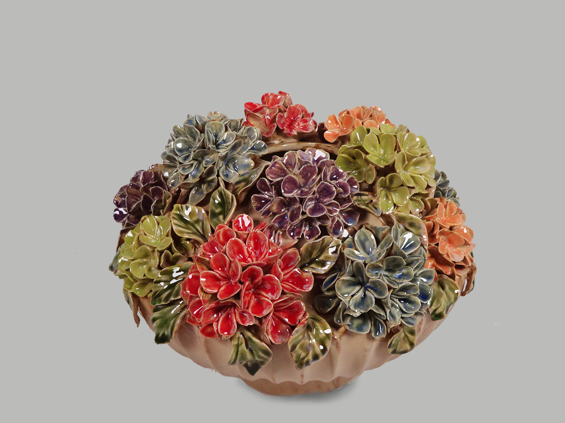 Keramik Vase 54 mit Hortensie-Ornament, Ø33 x H24 cm, bunt
