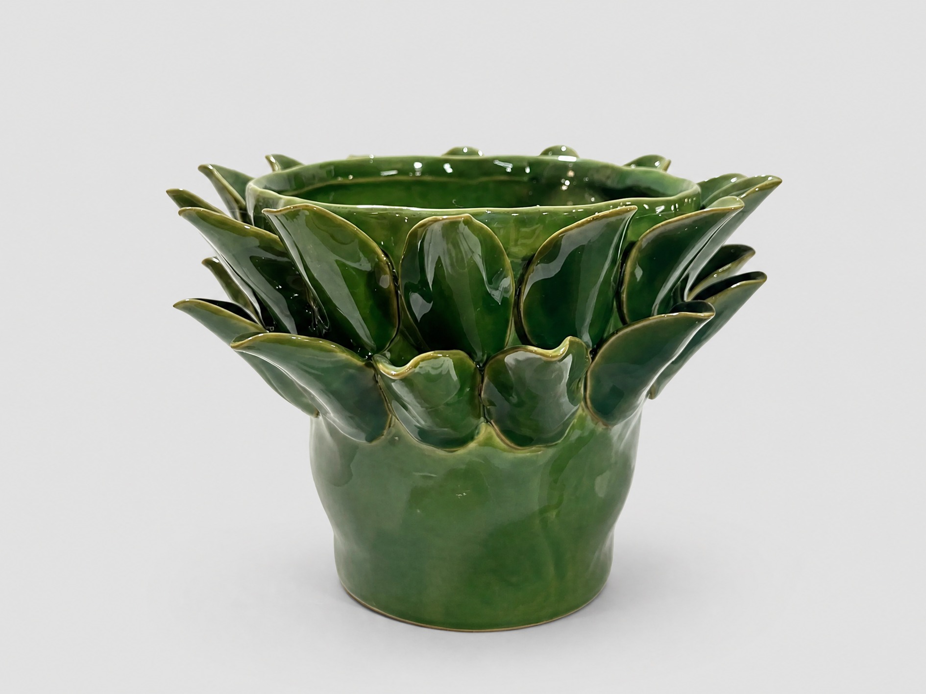Keramik-Ornament-Vase 13 Blatt, Ø24 x H18 cm, dunkelgrün