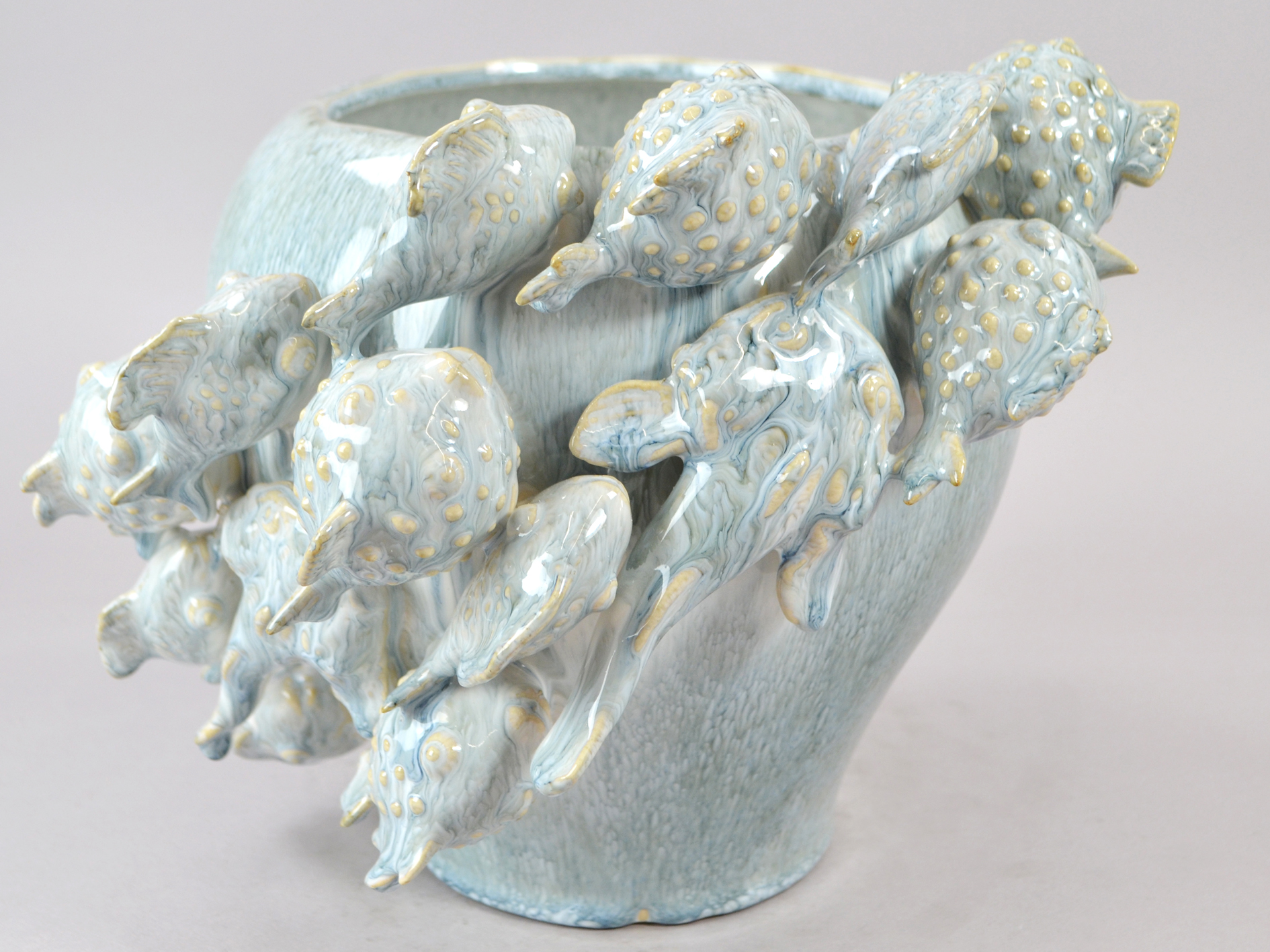 Keramik Fisch Vase, mit Kugelfisch Ornament, Ø28 x H23 cm, grau-blau
