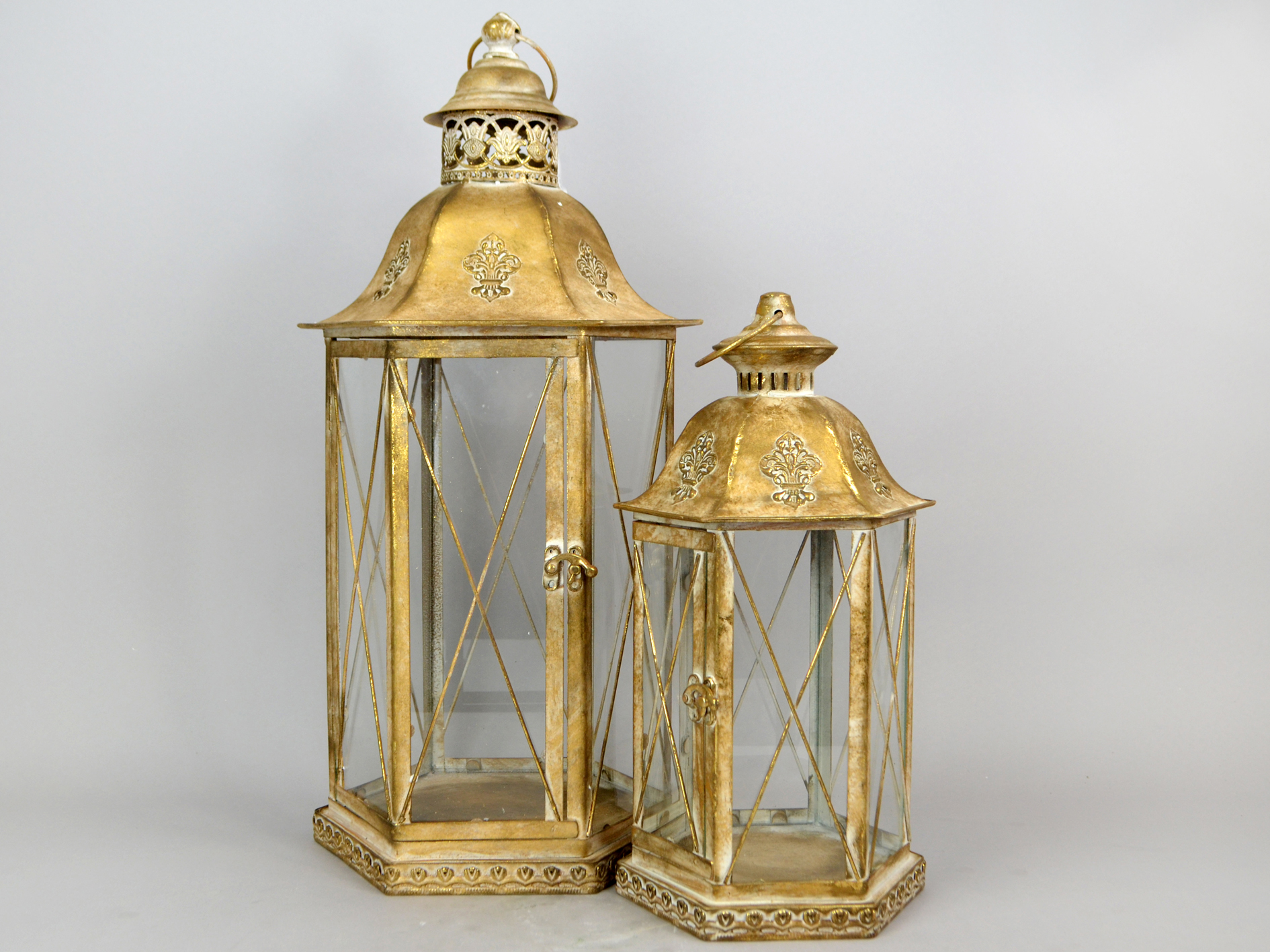Gold Laterne 38, Set-2, groß 24x22xH55cm, klein 20x17xH37cm, antik-hellgold