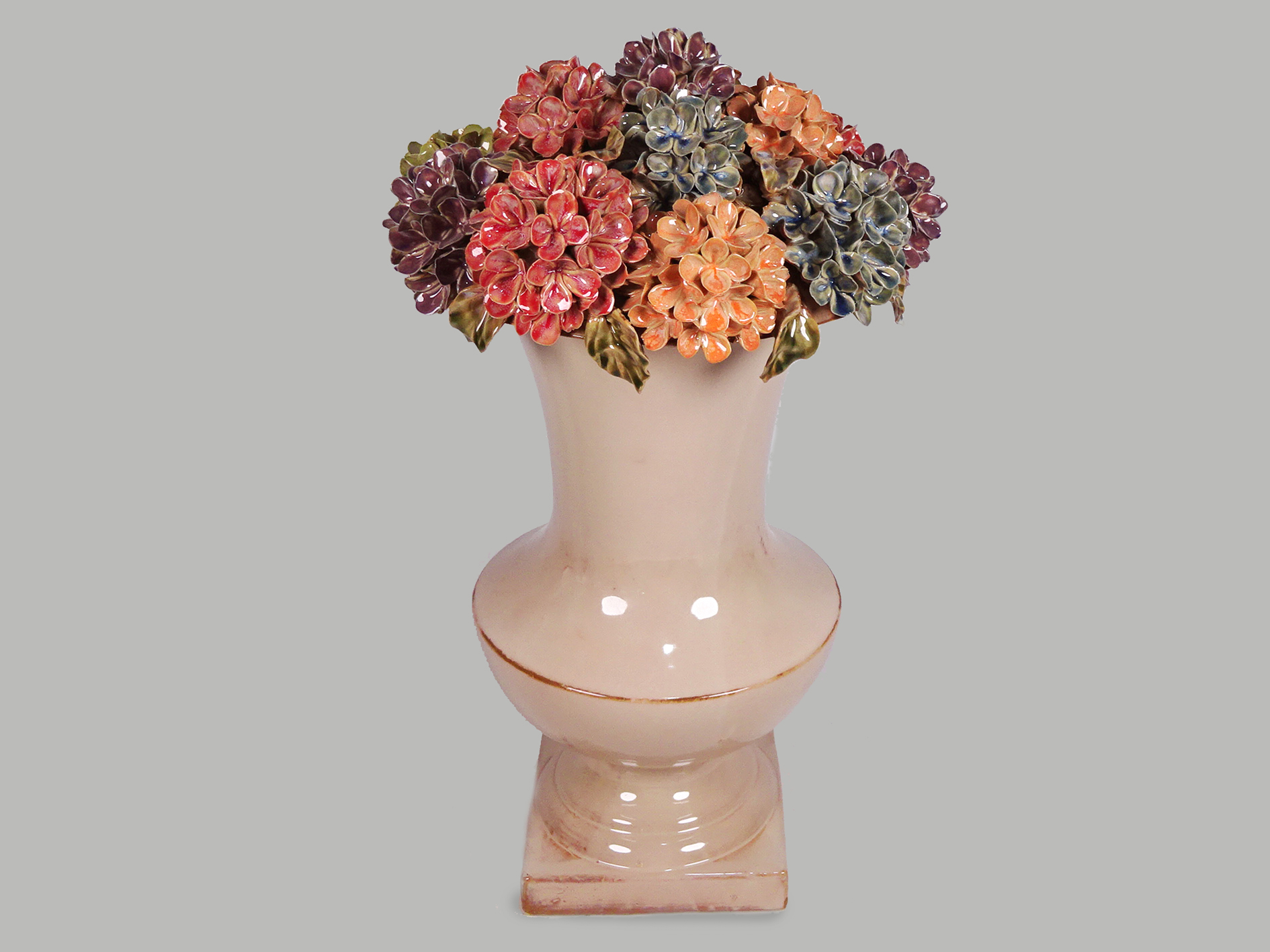 Keramik Vase 54 mit Hortensie-Ornament, Ø28 x H51 cm, bunt
